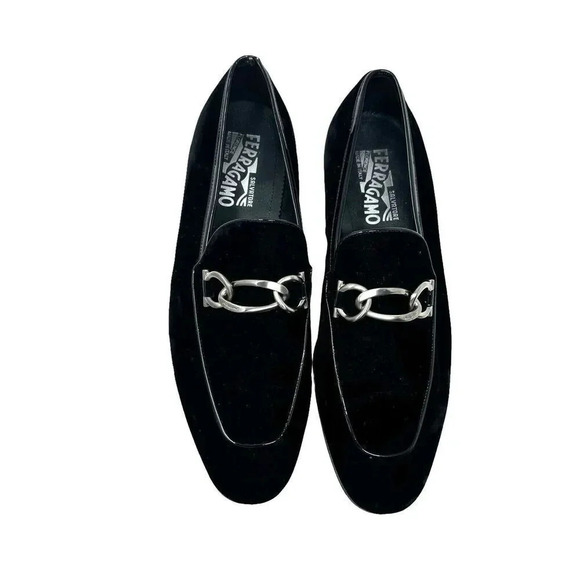 Salvatore Ferragamo Mens Black Velvet Gancini Chain Bit Loafers size 8 E - Picture 1 of 15